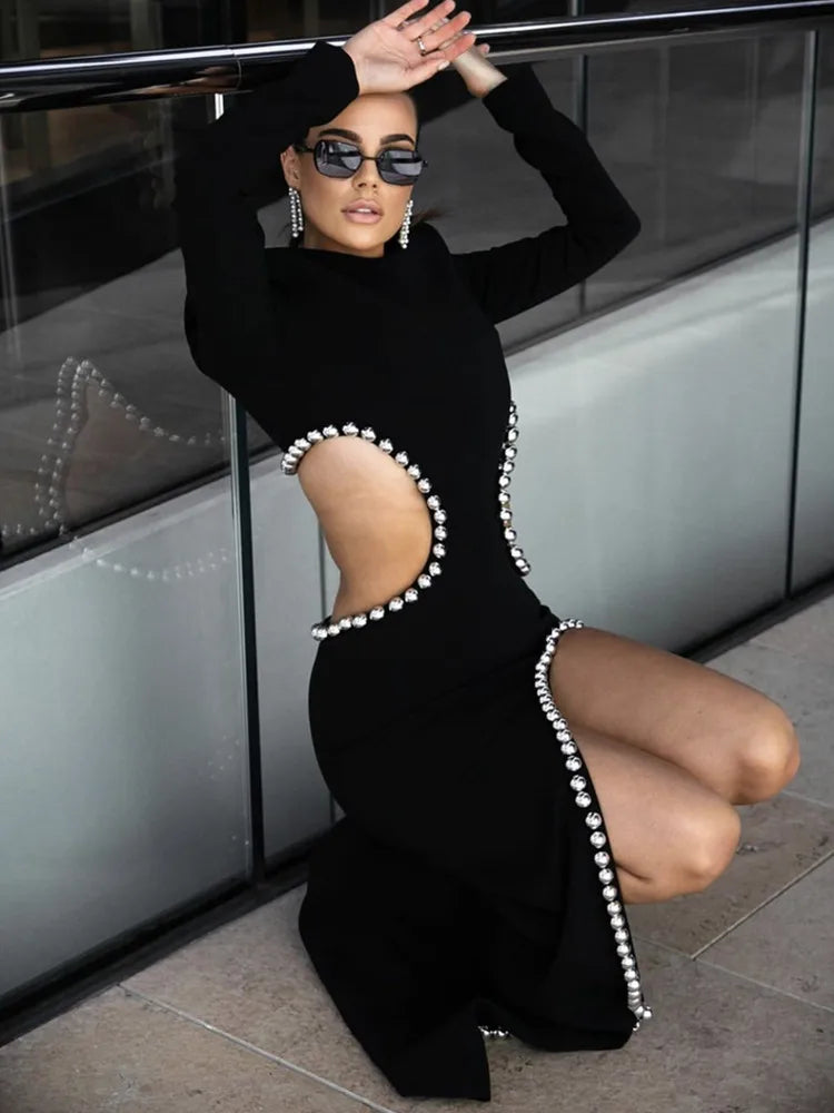 Women Winter Sexy O Neck Hollow Out Black Beading Maxi Long Bodycon Bandage Dress Elegant Party Stage Performance Dress