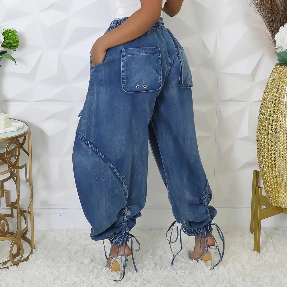 Denim Spliced Lace Up Jeans For Women High Waist Patchwork Drawstring Vintage Loose Pant Female Fashion Clothes New