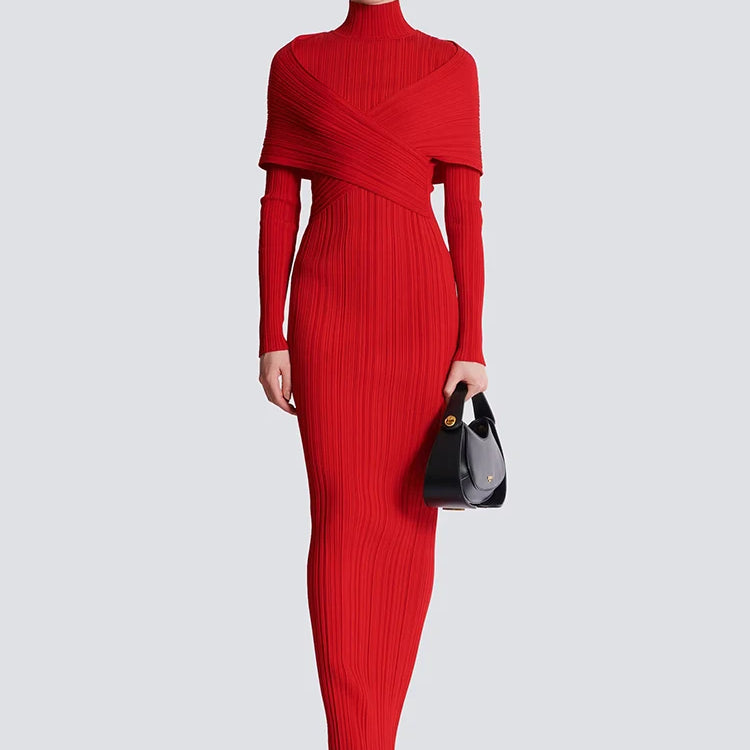Red Jacquard Bandage Long Dress Turtle Neck Cross Design knitted Slim Fit Shawl Style Long Sleeves Pleated Evening Gown