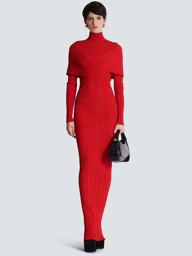 Red Jacquard Bandage Long Dress Turtle Neck Cross Design knitted Slim Fit Shawl Style Long Sleeves Pleated Evening Gown