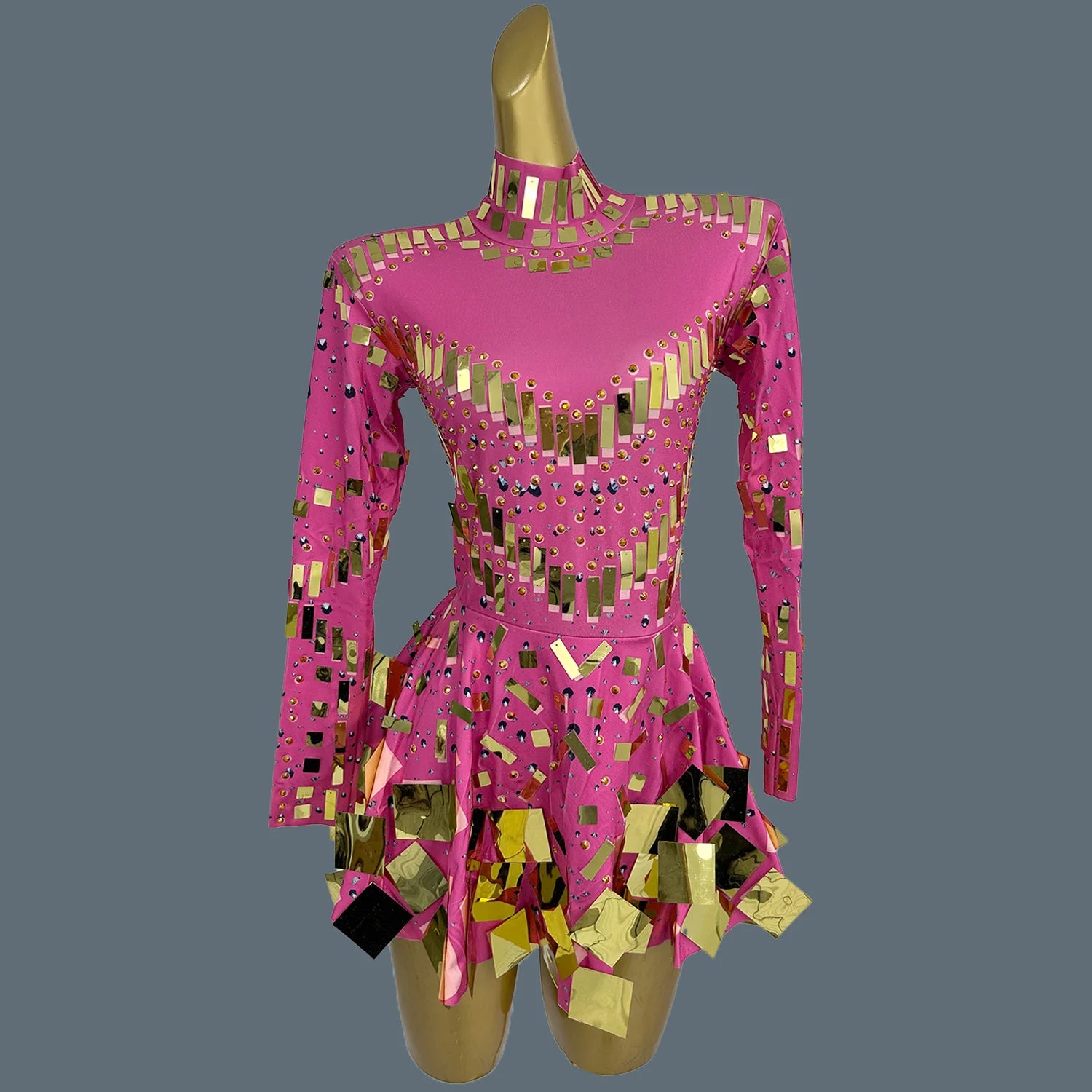 Fancy Sequins Pleated Mini Dress for Hot Girls Bar Nightclub Stage Show Outfit Dance Performance Wear Dance Troupe Outfit Xieshi Pink Gold One Size