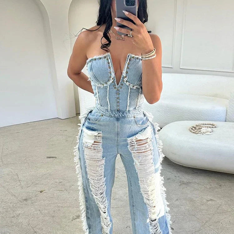 Sibybo Tassel Hollow Out Overalls For Women Studded Diamond Strapless Backless Jeans Street Fashion Trend Jumpsuite Femme Blue