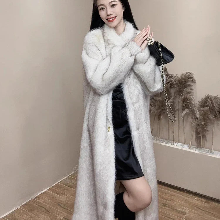 Autumn Winter Long Thick Warm Hairy Soft Faux Fox Fur Coat Women Stand Collar Elegant Luxury Chic Fluffy Jacket 2024