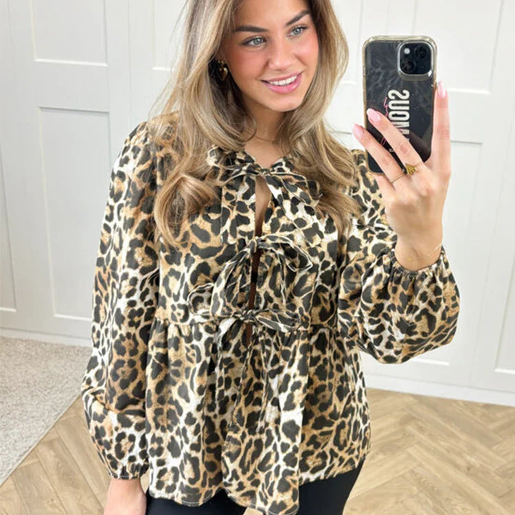 Fashion Leopard Printed Lace Up Shirts for Women Spring Summer Elegant Blous Female Casual Loose Y2K Chic Long Sleeve Tops