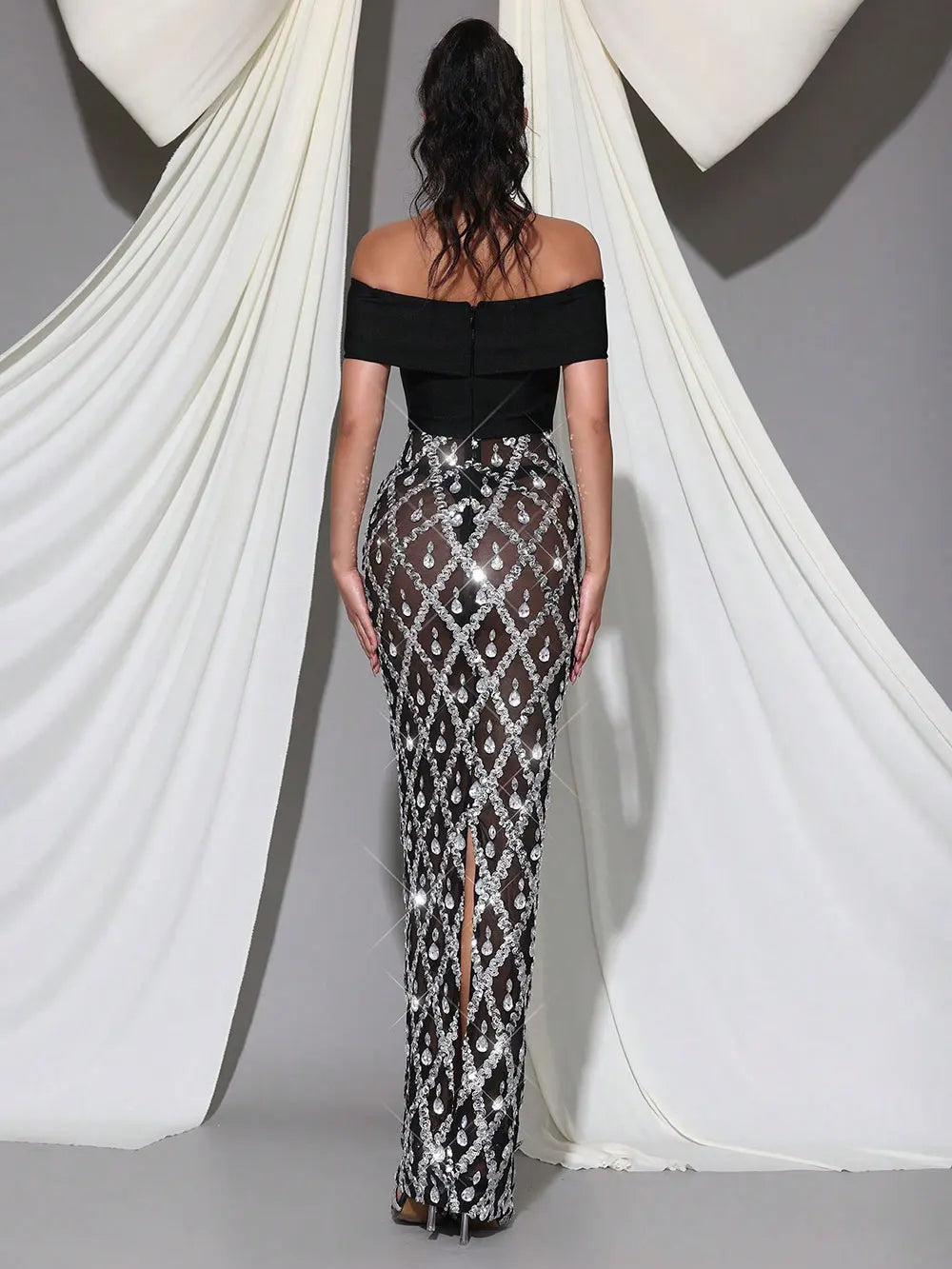 2025 Spring Sexy Women's Chiffon Patchwork Sparkle Nail Bead Long Dress V-neck Short Sleeve Bodycon Dress Cocktail Banquet Dress