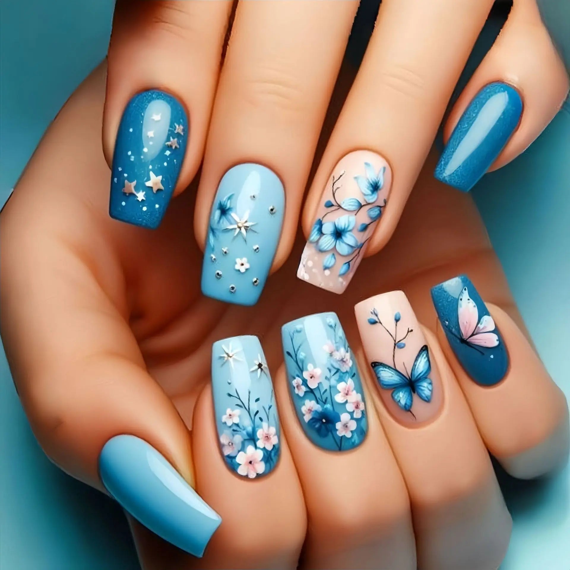 24pcs/set Medium long fake nails square ballet tips flowers butterfly for spring summer season blue green press on false nail 2154