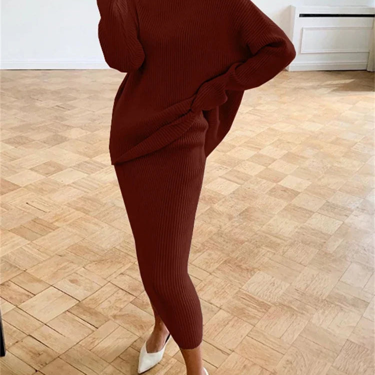 new Ribbed Knit 2 Piece Dress Set Outfits Ladies Knitwear Top And Midi Skirt Sets For Women Casual Winter Sweater Sets Claret