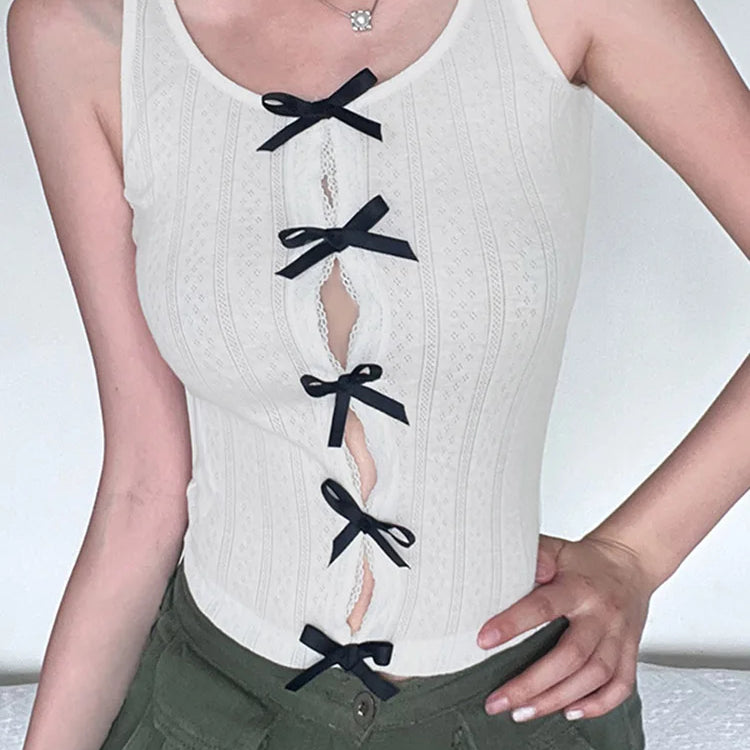 Korean Sweet White Skinny Women Tops Vest Sleeveless Lace Spliced Split Y2K Cute Bow Summer Crop Top Coquette Clothes