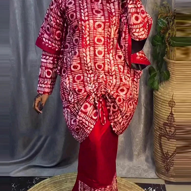 Plus Size 5XL VONDA Women Sets 2024 Bohemian Printed Outfits Elegant Long Sleeve Top+Half Skirt Two-Piece Sets Casual Loose Suit Red