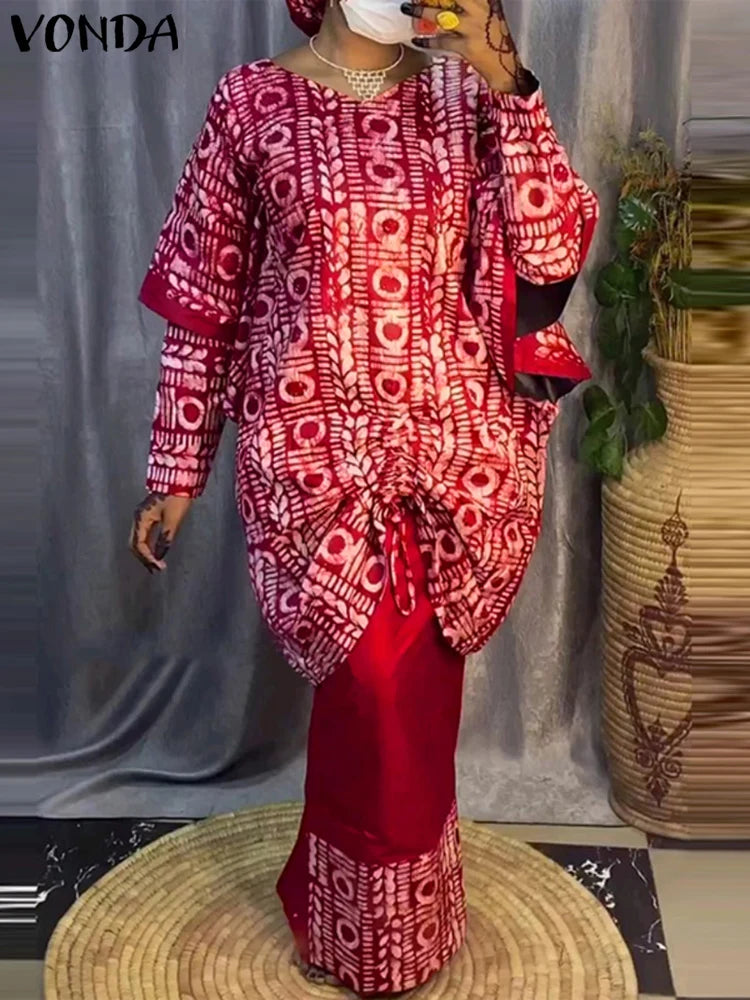 Plus Size 5XL VONDA Women Sets 2024 Bohemian Printed Outfits Elegant Long Sleeve Top+Half Skirt Two-Piece Sets Casual Loose Suit Red