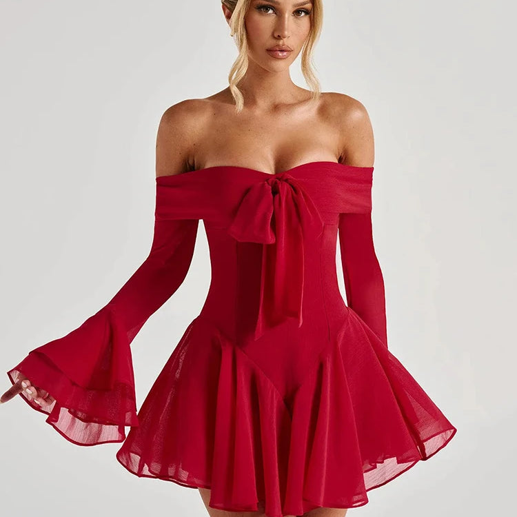 Mozision Strapless Long Flare Sleeve Sexy Mini Dress For Women Robe Off-shoulder Backless High Waist A-line Club Party Dress