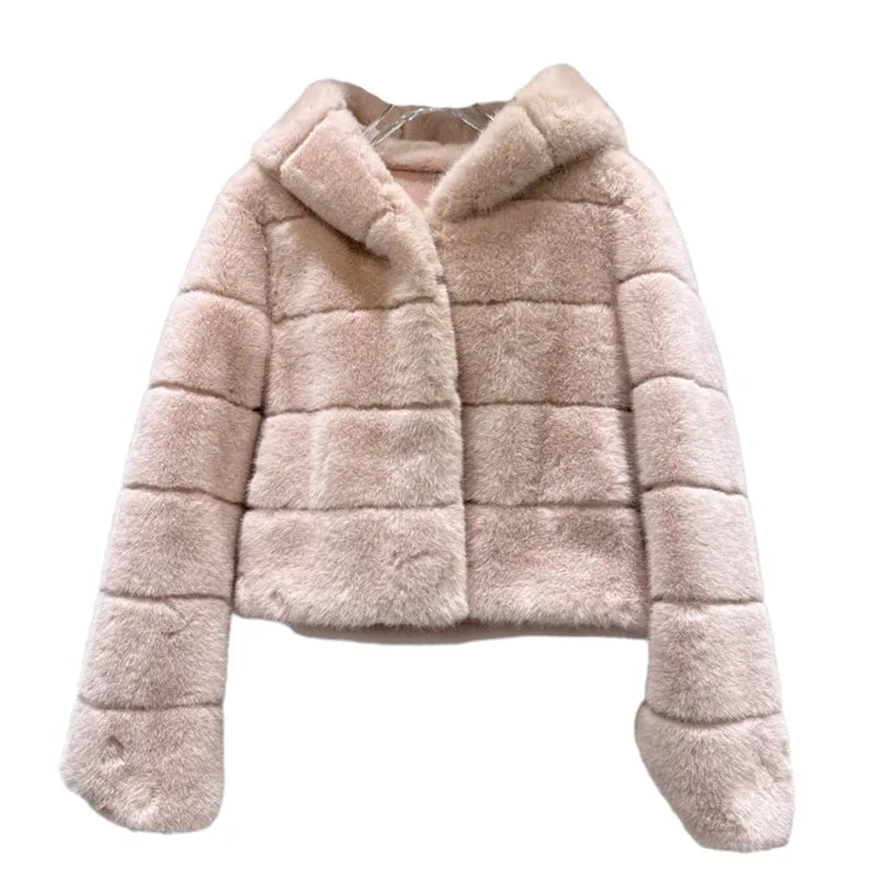 Winter New Fashion Warm Soft Hooded Faux Fur Short Coat For Women Solid Color High-end Jacket Female 11A07924