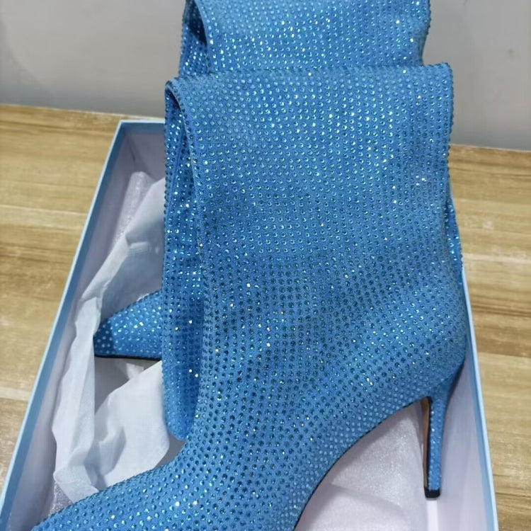 Women's New European and American Fashion Show Starry Sky High-heeled Rhinestone Pointed Nightclub Four Seasons Boots wathet 9cm