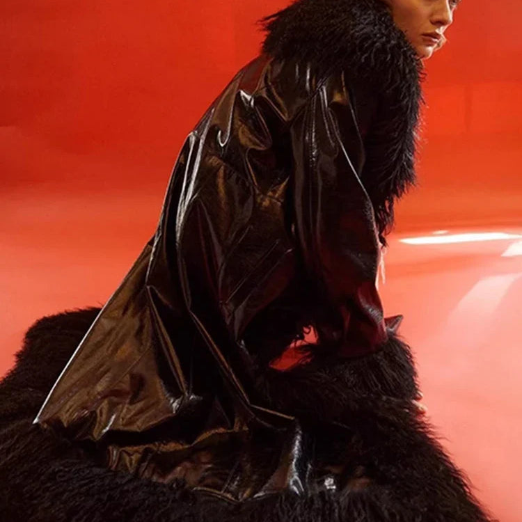Spring Autumn Long Black Shiny Patent Pu Leather Coat Women with Faux Fur Trim Luxury Designer Clothing European Fashion