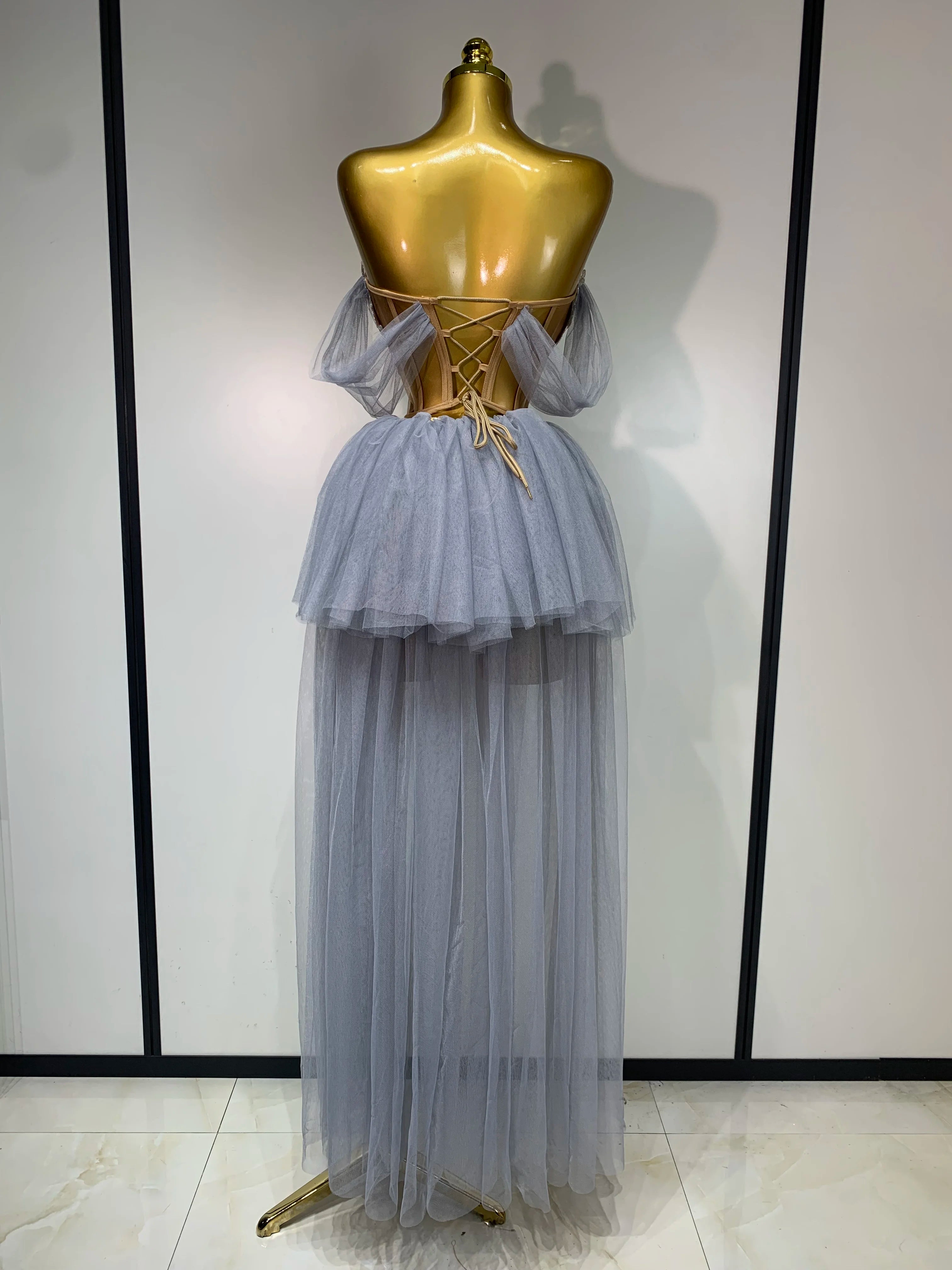 Sexy Backless Mesh Top Skirt Two Pieces Set Celebrate Festival Performance Costume Luxury Birthday Evening Party Design Dress