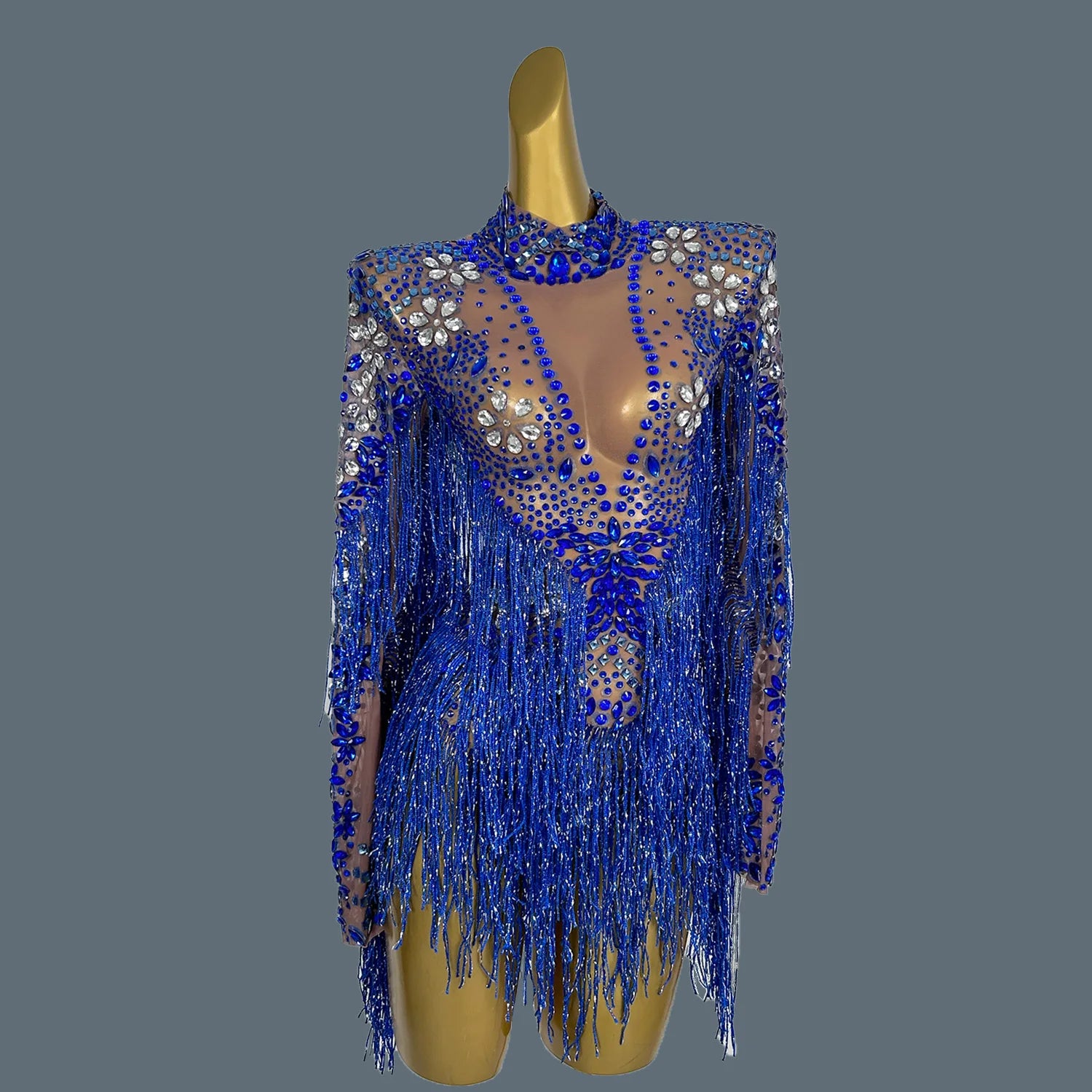 Shining Silver Tight Bodysuit Performance Dancer Costume Women Sexy Mesh Stretch Sequins Fringes Nightclub Stage Outfit Shenhui Blue