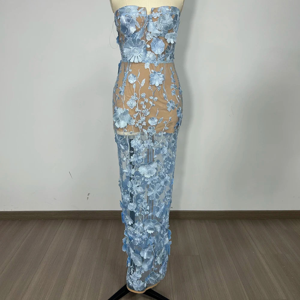 Sexy Strapless Embroidery Flower Long Dress Women Sleeveless Structured Floral Slim Elegant Party Cocktail Evening Gowns Blue