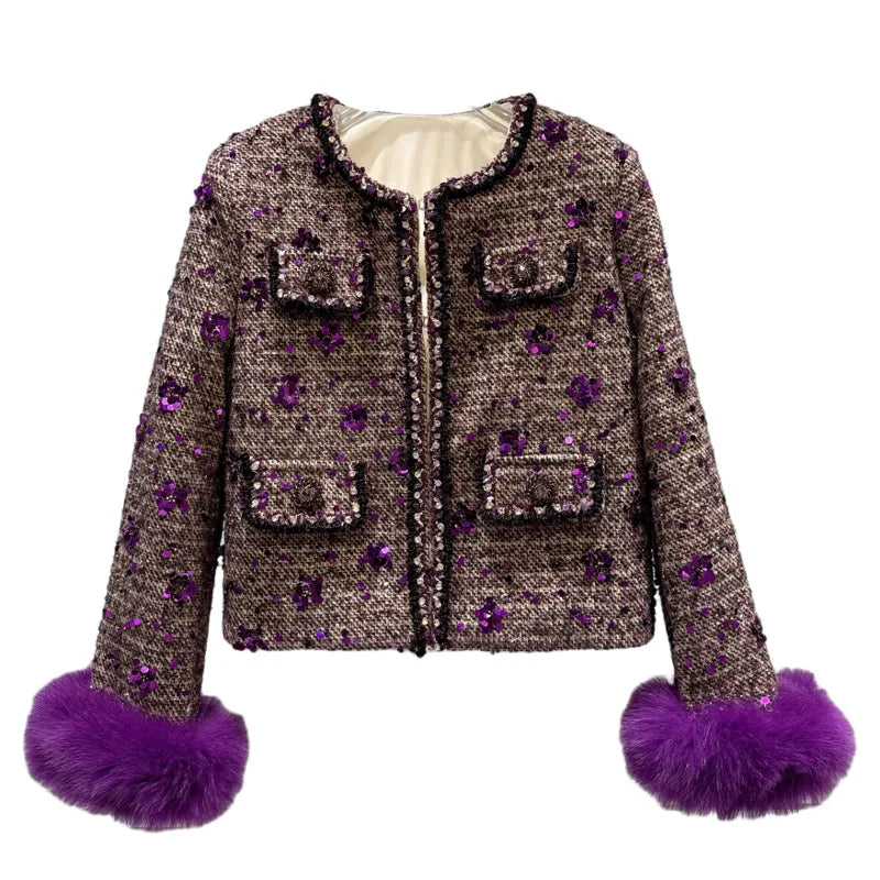 Winter New Fashion High-End Fox Fur Cuff Sequin Tweed Cotton Lined Short Coat For Women Elegant Jacket Female 11A07859