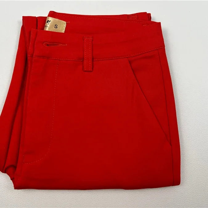 S-4xl Big Size Office Pencil Pants Womens Formal New Elegant OL Work Pantalones Elastic Cotton Slim Ankle-length Trousers orange red