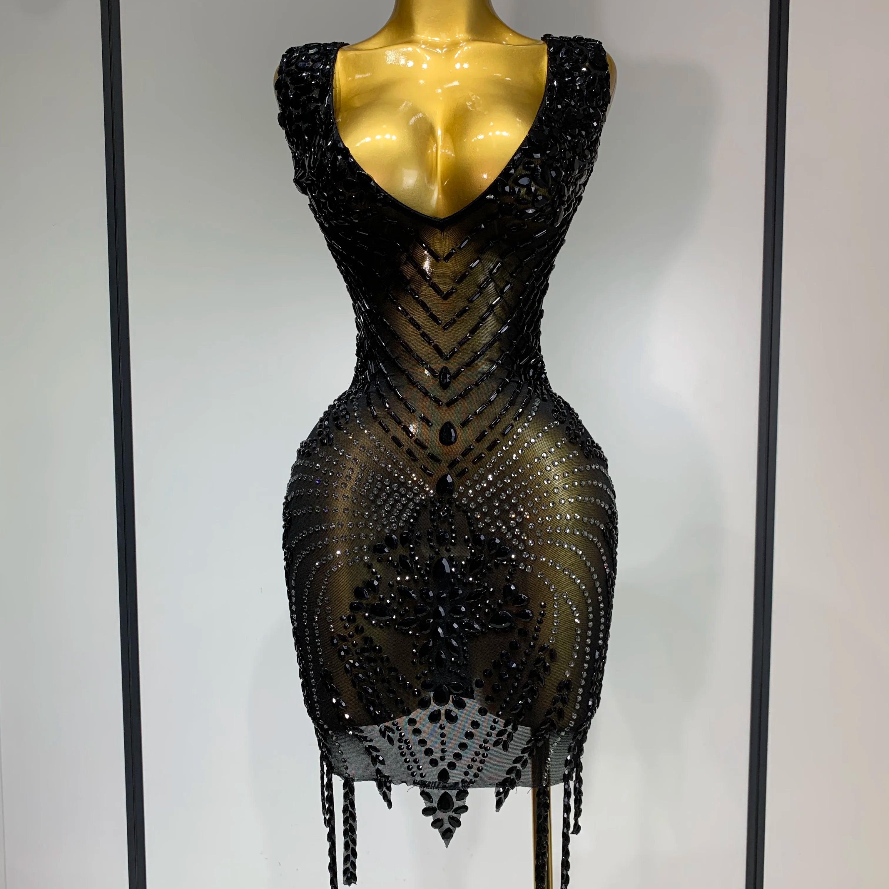 Sparkly Rhinestone Mesh See Through V Neck Dress Women Sexy Performance Stage Costume Evening Party Club Luxury Birthday Outfit black