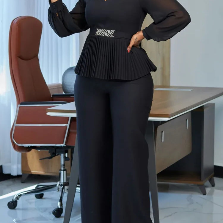 Plus Size Summer 2 Two Piece Set Women Mesh Long Sleeve See Through Fashion Ladies Blouses Loose High Waist Woman Wide Leg Pant