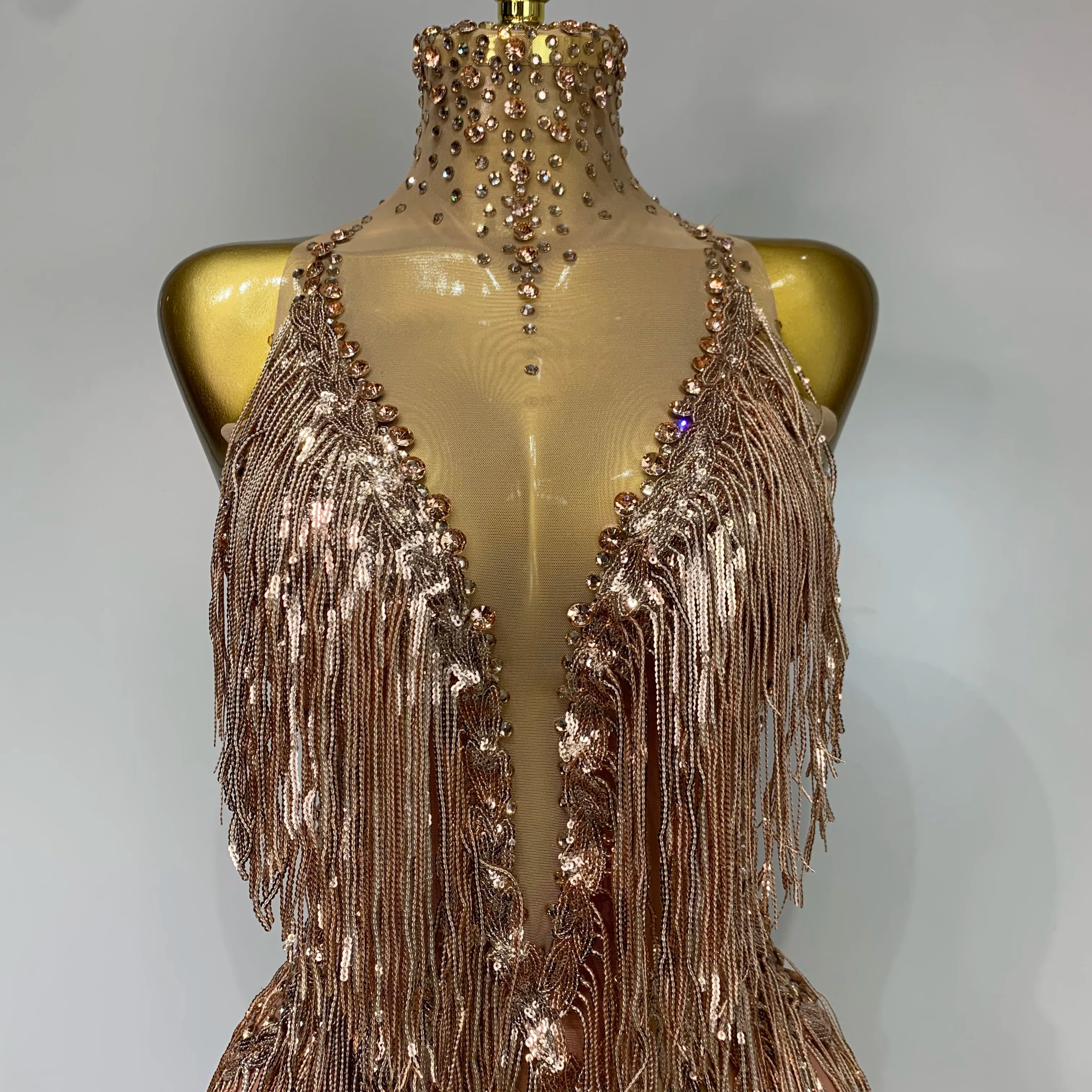 Women Sexy Stretch Mesh Sparkly Rhinestone Tassels Mini Dress Nightclub Singer Dance Stage Costume Evening Party Birthday Gowns