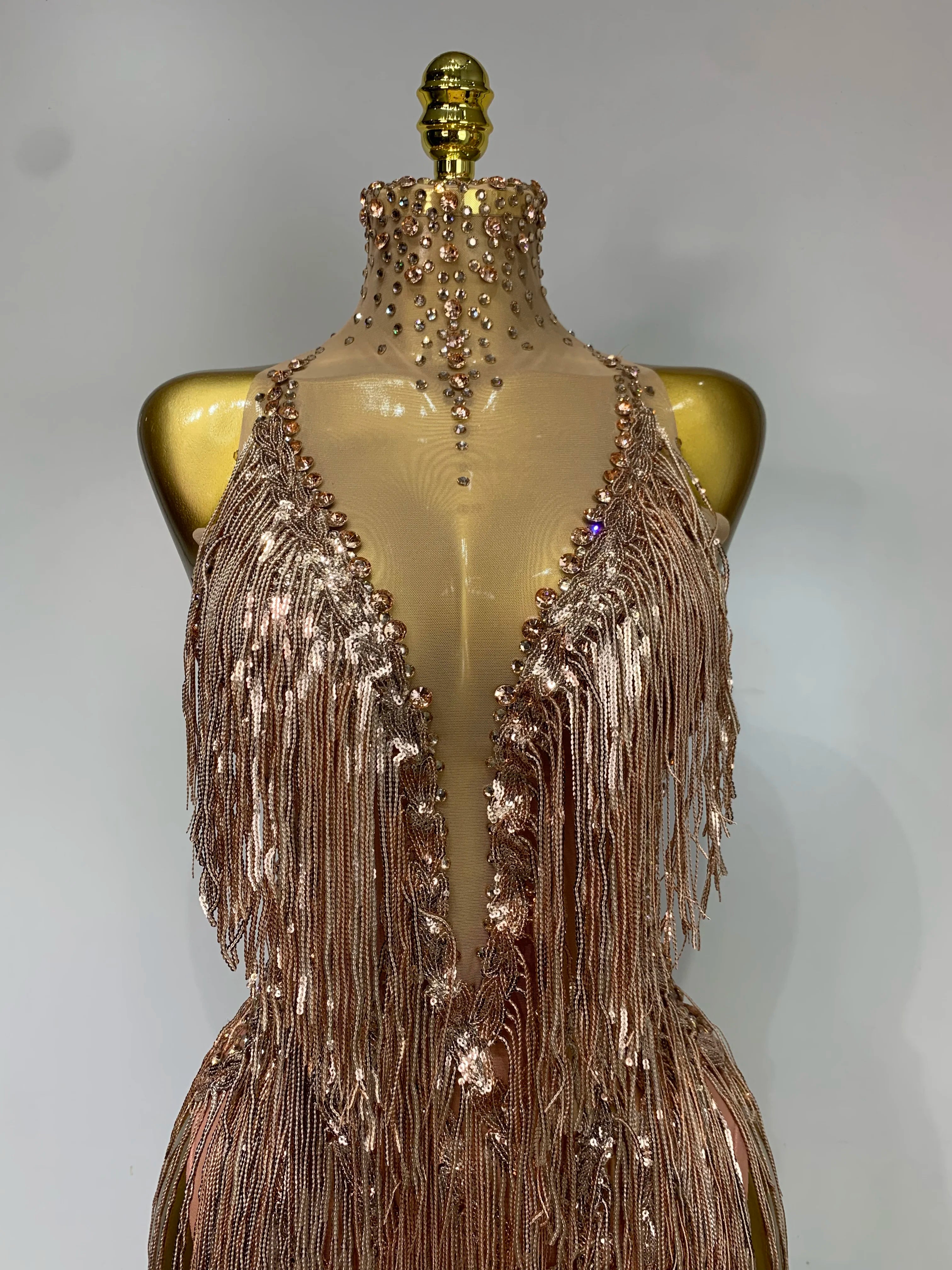 Women Sexy Stretch Mesh Sparkly Rhinestone Tassels Mini Dress Nightclub Singer Dance Stage Costume Evening Party Birthday Gowns