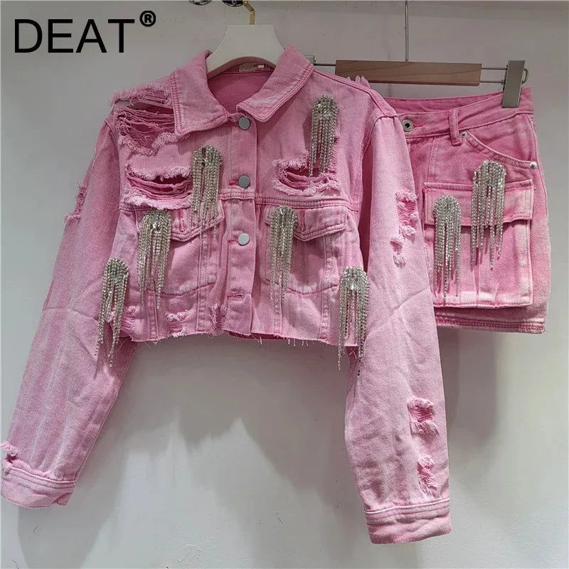 Autumn Winter New Fashion Heavy Industry Diamond High Waist Short Denim Coat For Women A-line Mini Skirts 11A07619