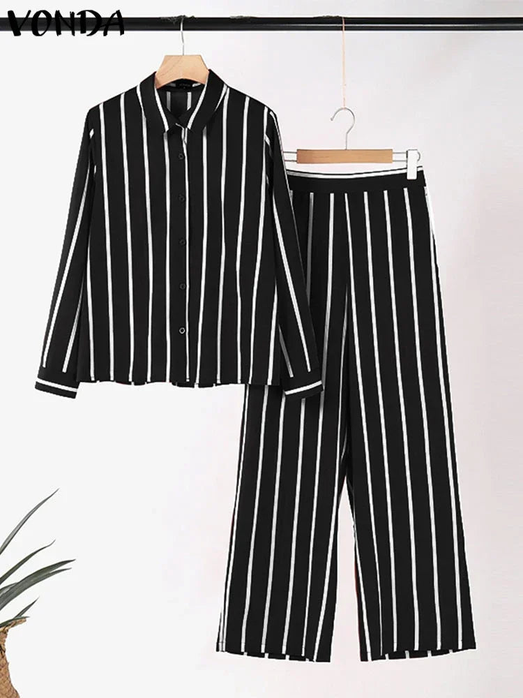 Plus Size 5XL VONDA 2025 Women Pants Sets Matching Sets Vintage Striped Shirt Trouser Casual Two-Piece Sets Office Lady Suits
