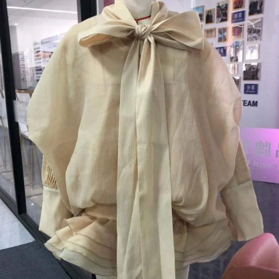 Solid Slimming Fashion Mini Dresses for Women Round Neck Long Sleeves Patchwork Lace Up Temperament Dress Female APRICOT