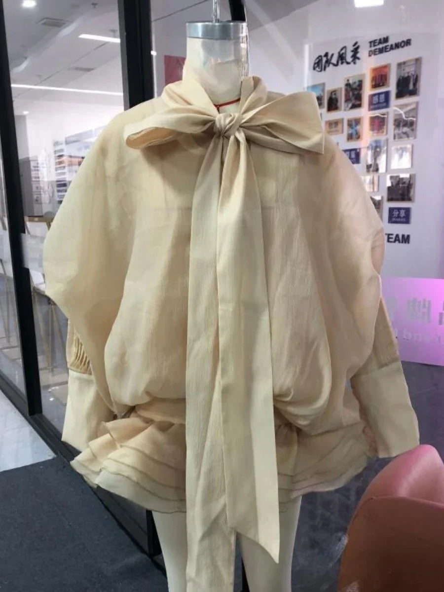 Solid Slimming Fashion Mini Dresses for Women Round Neck Long Sleeves Patchwork Lace Up Temperament Dress Female APRICOT