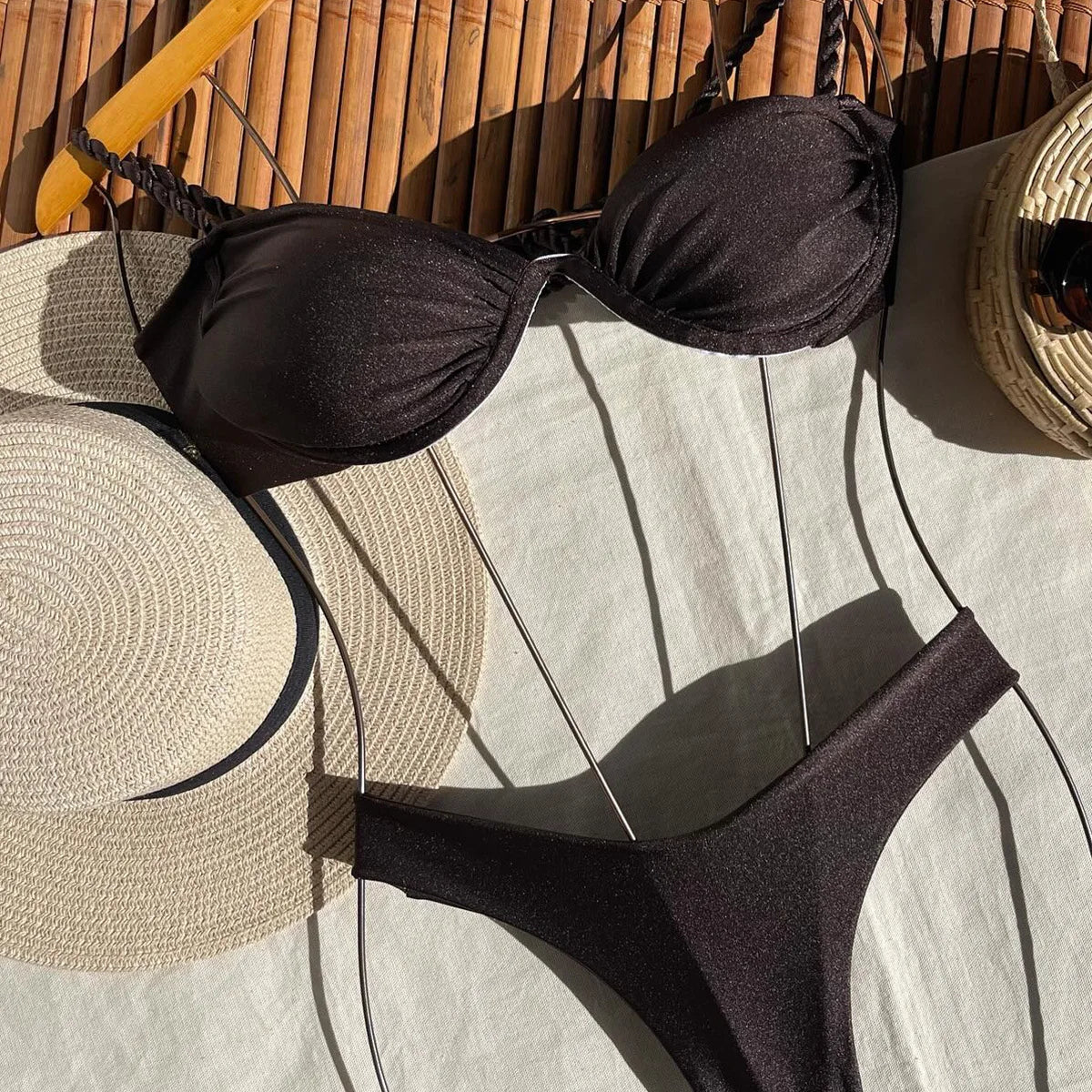 Push Up Bikini Sexy Women Swimsuit Female Swimwear Sexy Bikini Set Brazilian Biquini Swimming Suit Solid Shiny Beachwear C345203