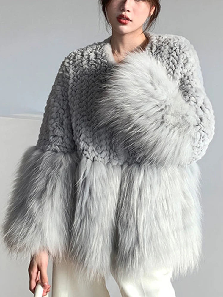 Women Fur Patchwork Imitation Furs Coats Loose Elegant O-neck Solid Cardigan Weave Design Blends Jacket Autumn