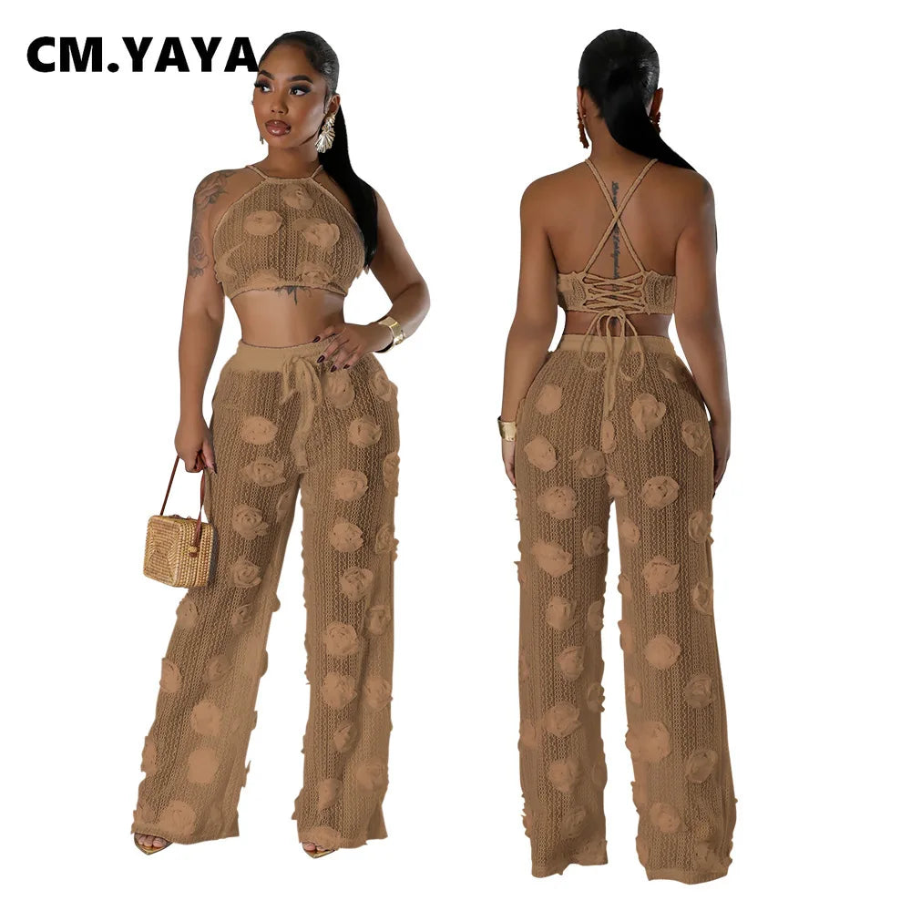 CM.YAYA Women Set 3D Flower Sleeveless Strap Tops +Wide Leg Pants Two 2 Piece Sets Outfit Perspective Summer Sexy Streetwear