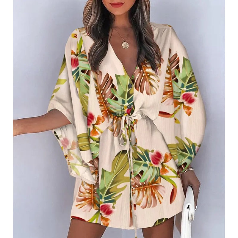 Summer Boho Mini Dress - Flora Print Batwing Sleeve Lace-Up V Neck Loose Button Dresses Ladies Beach Party Dress Vestido style7