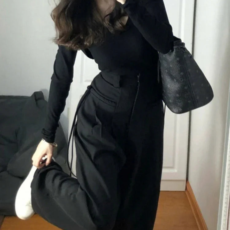 New Fashion Simple High-waisted Wide-leg Female Suit Pants American Full-length Black Casual Straight Solid Color Women's Pants black