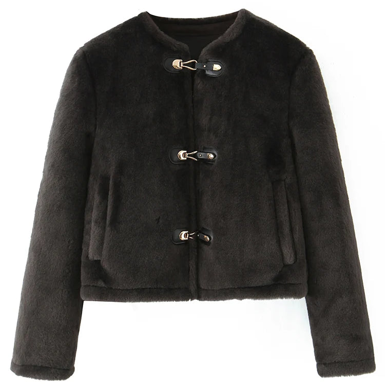 Street Women Causal Faux Fur Jackets 2025 Autumn Winter Fashion O-neck Single Breasted Loose Coats Vintage Warm Chic Outwear