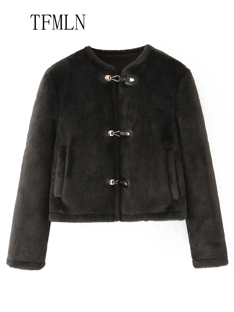 Street Women Causal Faux Fur Jackets 2025 Autumn Winter Fashion O-neck Single Breasted Loose Coats Vintage Warm Chic Outwear