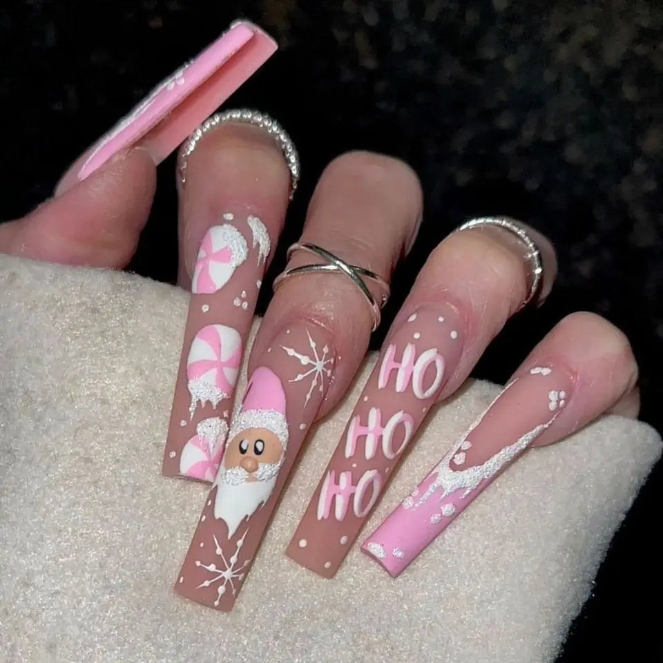 24pcs Pink Santa Claus False Nails Merry Christmas Snowflake Press on Nails Wearable European Long French Ballet Fake Nail Tips