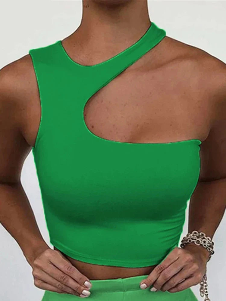 Cut Out Sexy Crop Off Shoulder Solid Skinny Sport Short Tops Women Tank Irregular Summer Tube Tops green