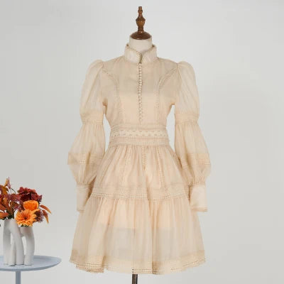 Runway Designer Embroidery Lace Patchwork Party Night Dress High Lantern Sleeve Stand A Line Vintage Elegant Dress light apricot