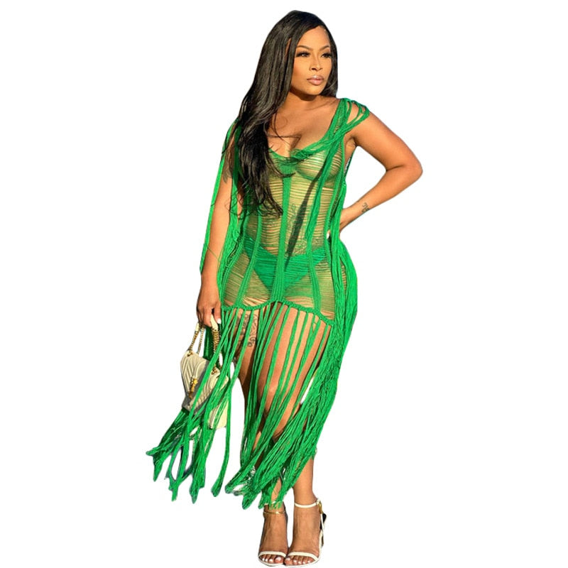 Sexy Crochet Knit Rib Tassel Mini Dress for Women Summer 2024 Fashion Sleeveless See Through Club Party Dresses Beach Wear Robe green