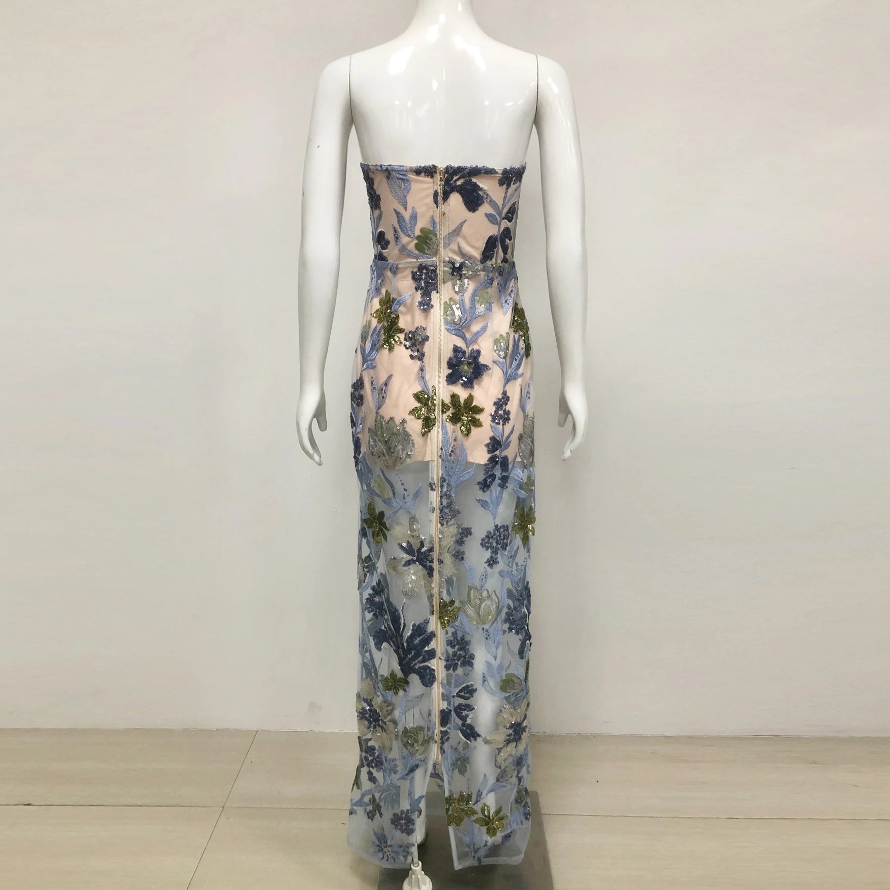 Sequin Flower Embroidery Sexy Mesh See Through Strapless Ankle Length Dress Woman Evening Party Dress Celebrity Cocktail Vestido