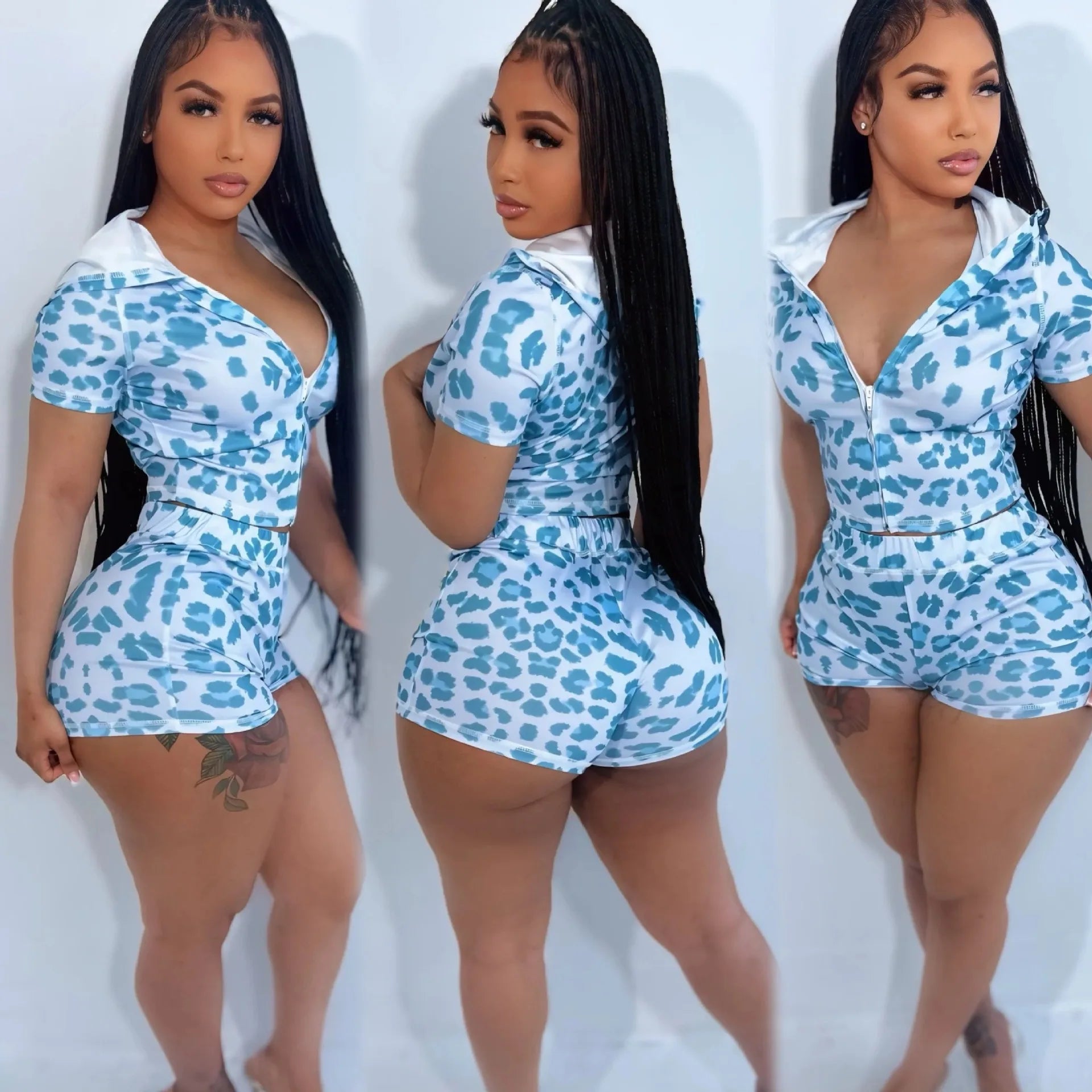 Fashion Leopard Print Women's Set Short Sleeve Hoodies + Shorts Suit 2025 Streetwear Active Two 2 Piece Set Tracksuit Blue