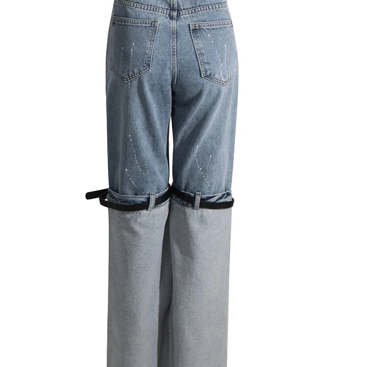 Women Jeans High Waist Long Straight Contrast Color Knee Splice PU Leather Belt Denim Pants 2024 Autumn