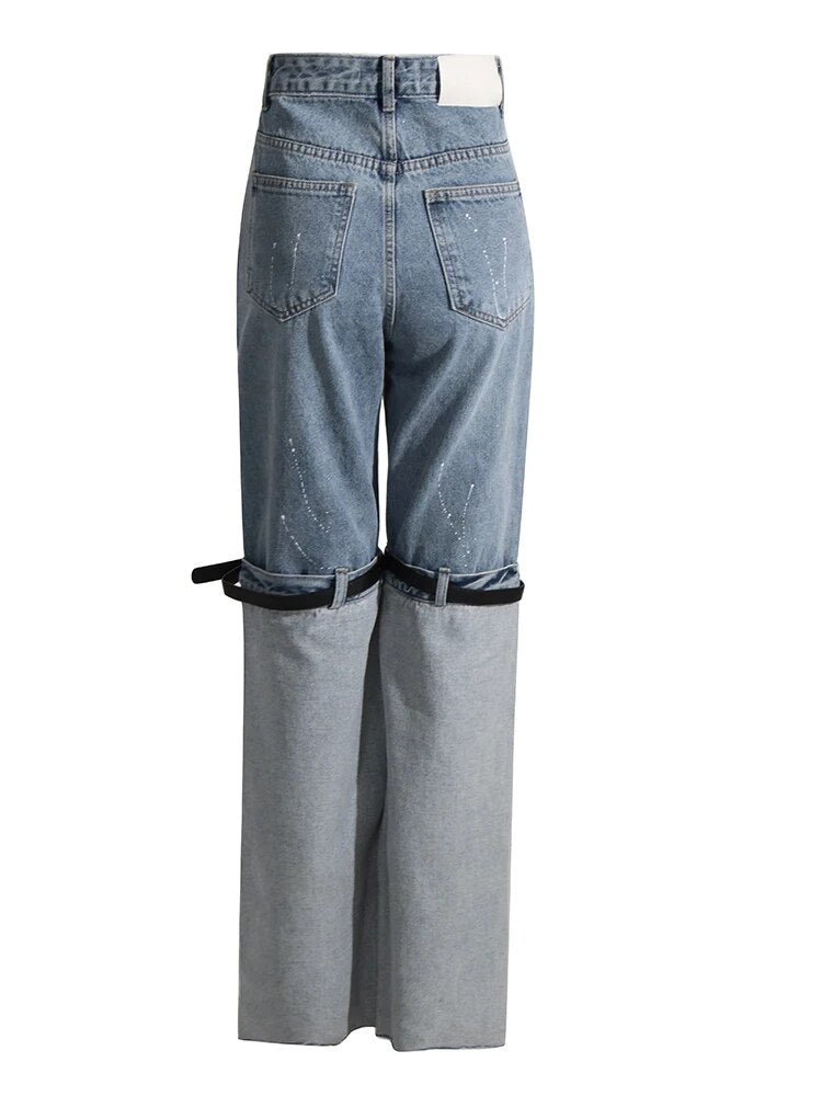 Women Jeans High Waist Long Straight Contrast Color Knee Splice PU Leather Belt Denim Pants 2024 Autumn