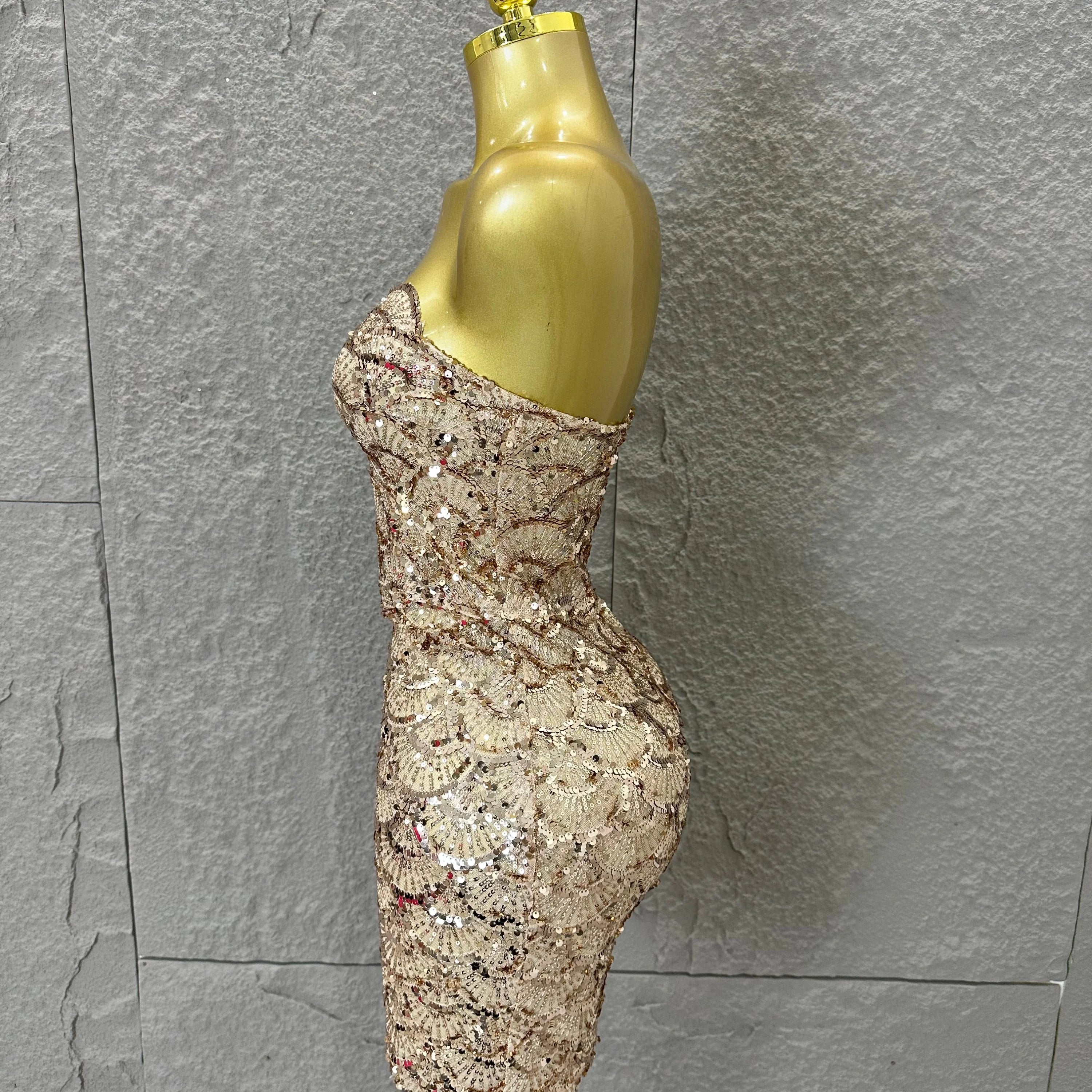 Elegant Silver Champagne Gold Strapless Mini Dress Women Sexy Sequin Form-Fitting Evening Party Nightclub Cocktail Party Costume