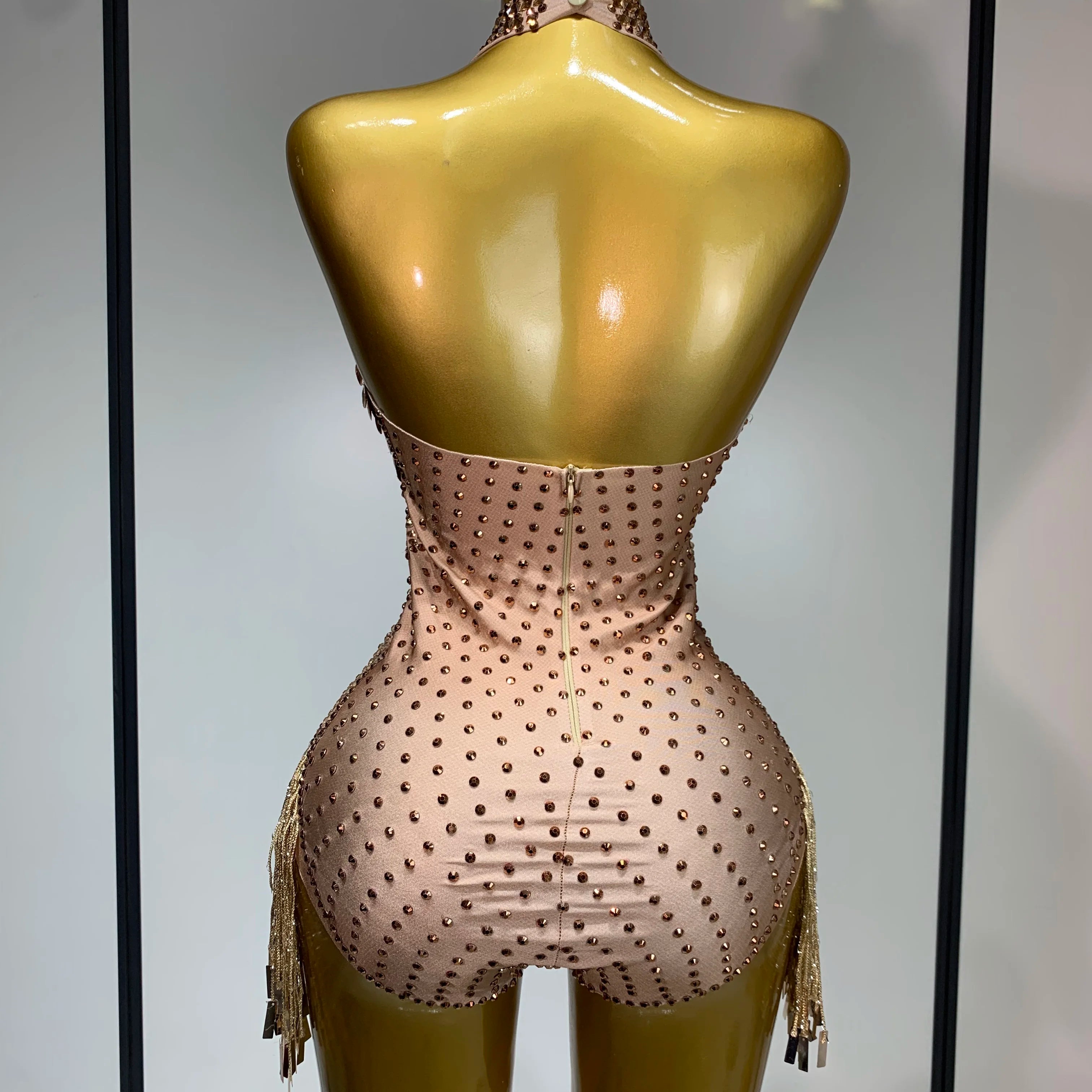 Luxury Sparkly Rhinestones Tassels Sequins Bodysuit Women Sexy Halter Backless Stage Performance Costume Club Birthday Outfit