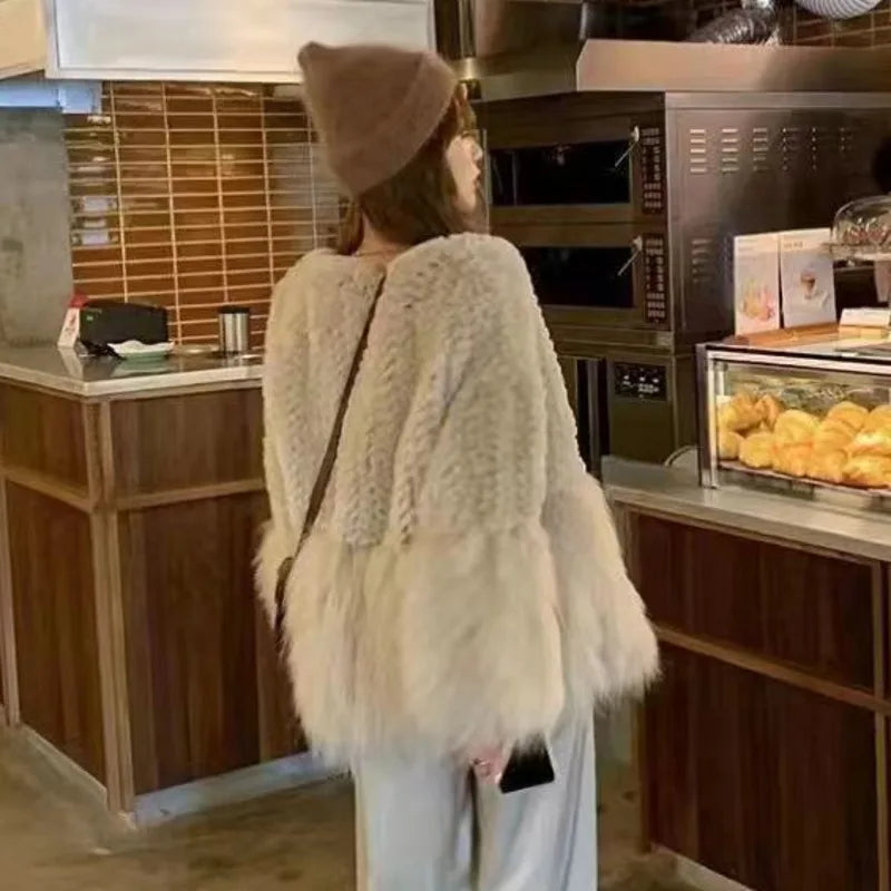 Women Fur Patchwork Imitation Furs Coats Loose Elegant O-neck Solid Cardigan Weave Design Blends Jacket Autumn apricot