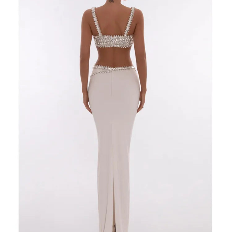 New Women Summer Celebrity Sexy Beading Split Maxi Long White Bandage Skirt Set 2024 Knitted Elegant Evening Club Party Clothing